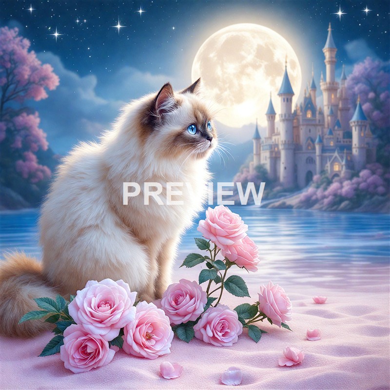 A fluffy cream-colored cat with striking blue eyes sitting on pink sand next to pink roses, with a large full moon, a castle, and a starry night sky in the background.